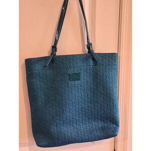 Michael Kors Teal Embossed MK Logo Canvas Tote Bag Patent Leather Trim Est 1981